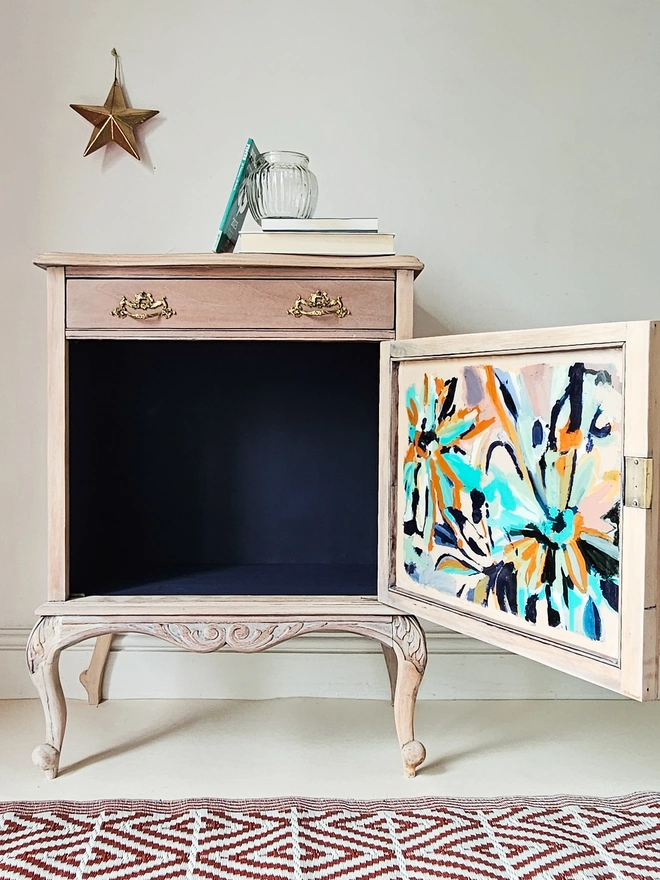 Painted Floral Cabinet by Chloe Kempster with Navy Blue interior
