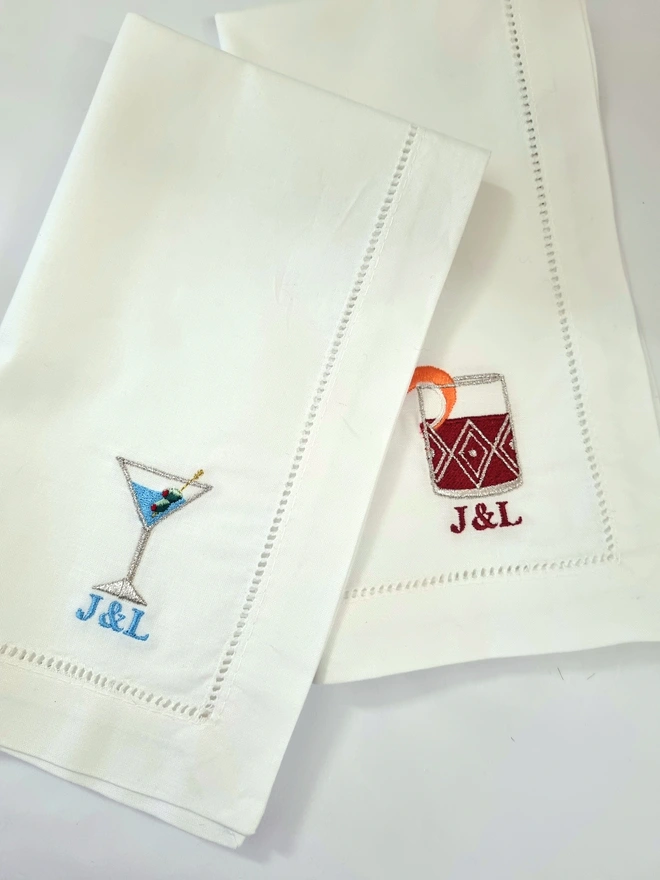Personalised embroidered cocktail napkins, martini and negroni