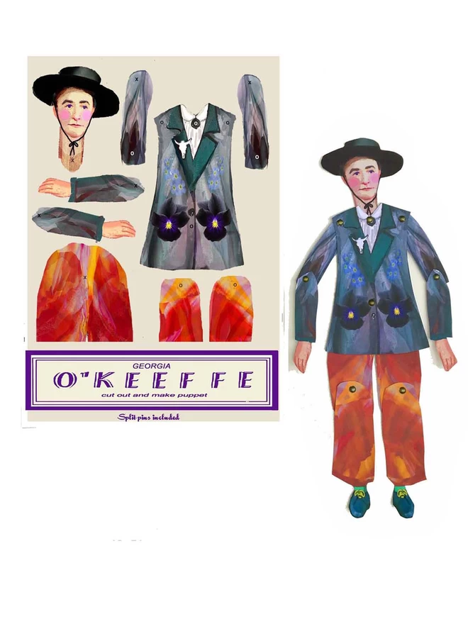 Georgia O'keeffe in packet puppet form alongside an O'keeffe made up