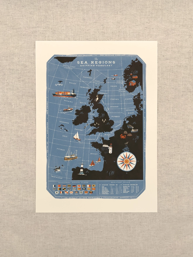Sea Regions of the United Kingdom Map Print unframed against a neutral background