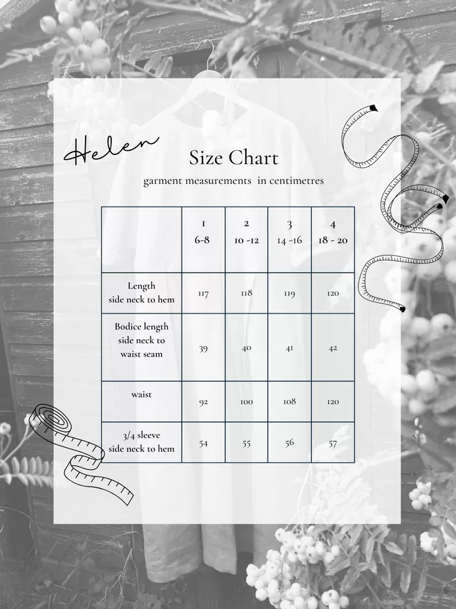 Garment measurements chart foe Helen dress