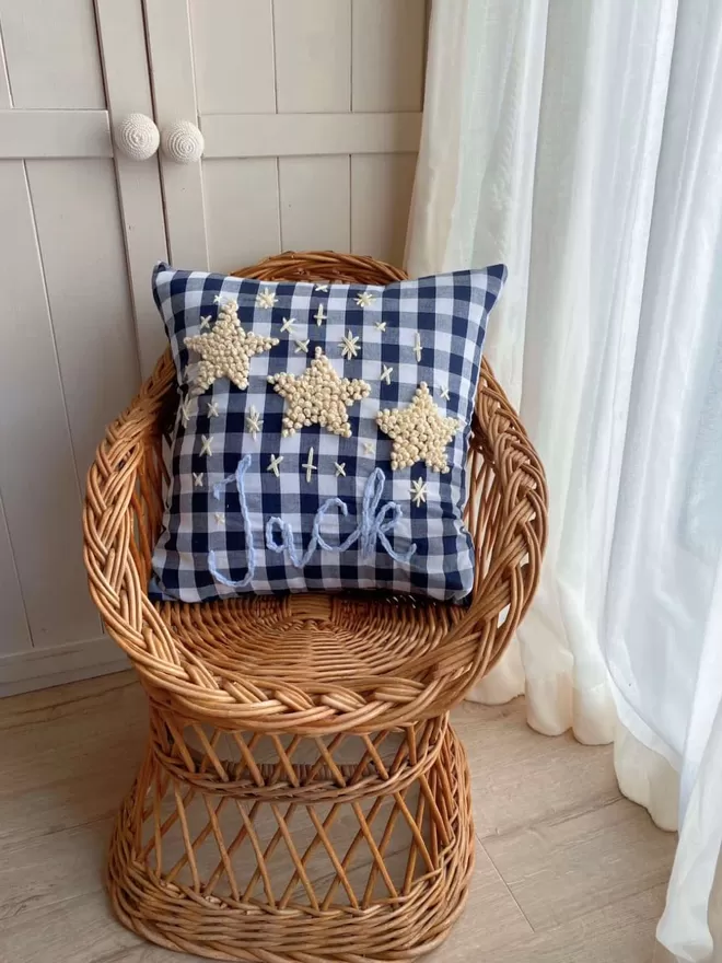 Gingham Navy Stars Cushion kids decor embroidery 