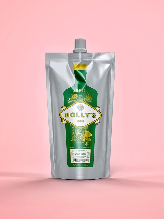 Holly's Gin refill pouch with pink background