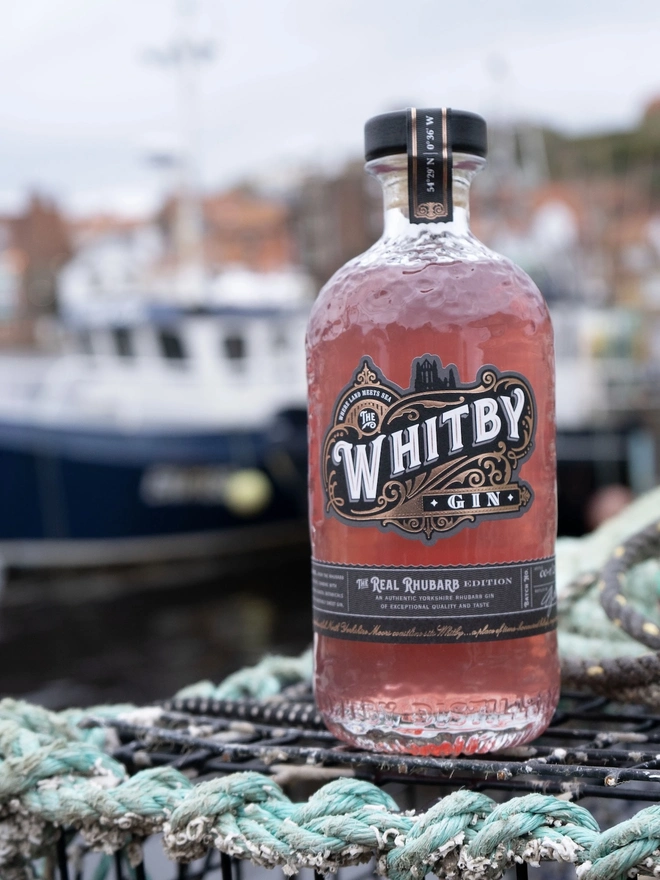 Real Rhubarb Gin, a bottle of gin sitting outside by the coast. 
