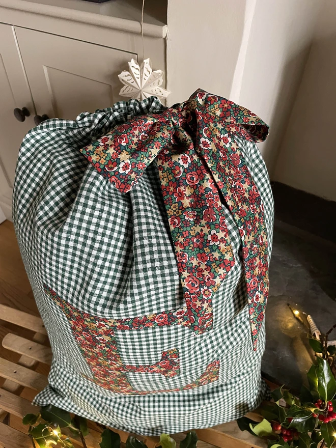 Green Gingham Linen Christmas Gift Sack with Liberty London Print Letter and Tie