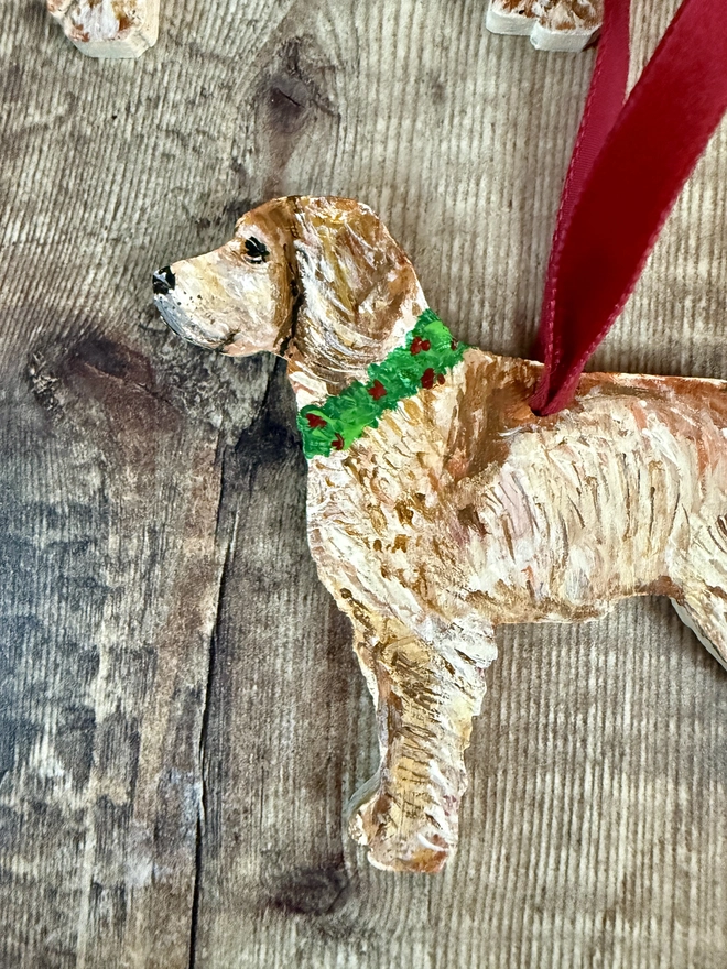 Hand painted Brittany Spaniel Dog Christmas decoration with red ribbon to hang 
