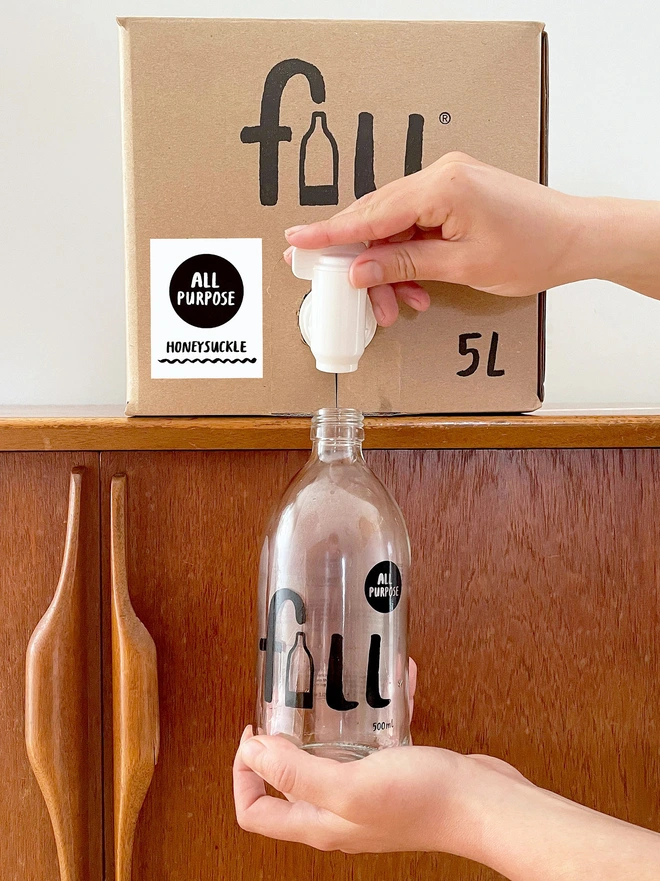 all purpose spray bottle being refilled from box