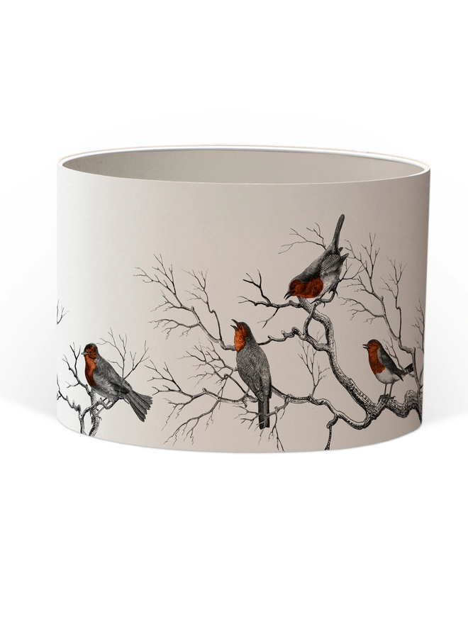Drum Lampshade featuring Robins with a white inner on a white background