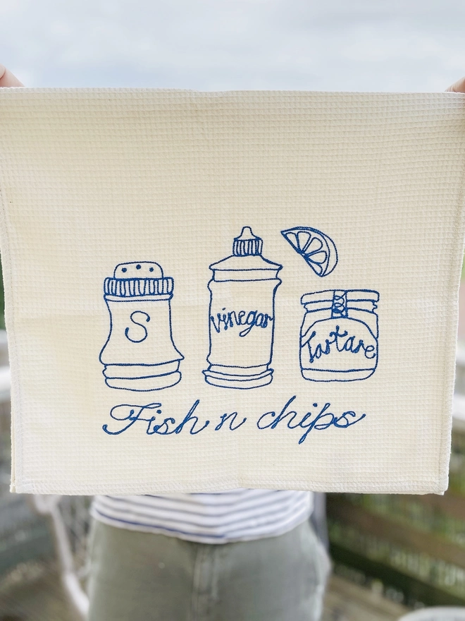Embroidered Fish n Chips Tea Towel
