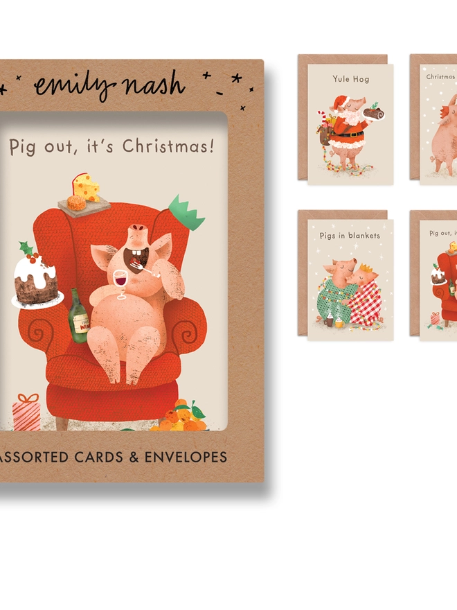 multipack set pack assorted christmas cards pig hog pun funny holiday kid's children's adults cute animal