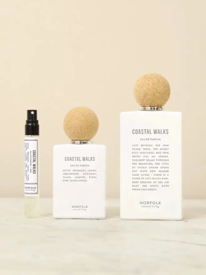 All three sizes of Coastal Walks Eau de Parfum bottle in 10ml, 50ml and 100ml