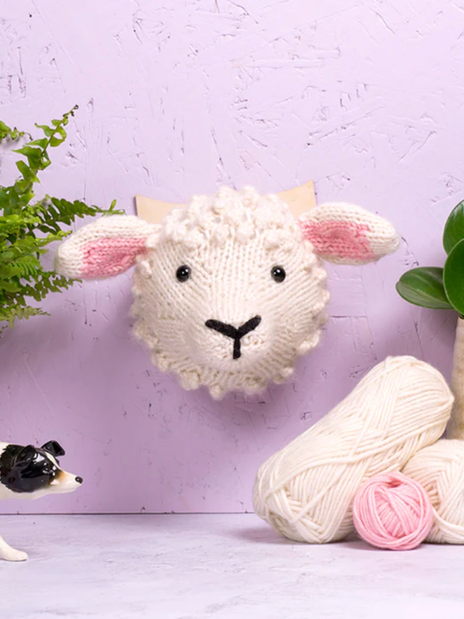 Mini Sheep Head Knitting Kit. A cream knitted sheep kit.
