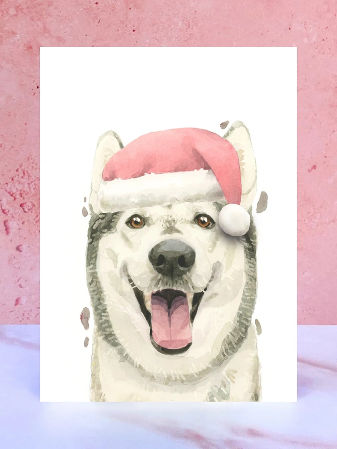 grey white husky dog santa hat pompom christmas card