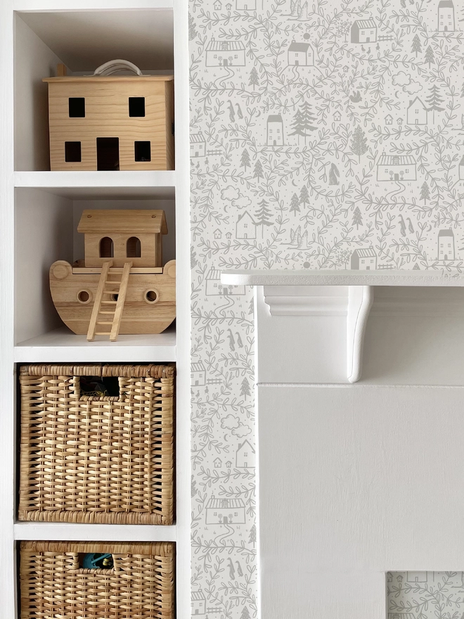 Ducks In A Row Cottages Wallpaper in Playroom with Fireplace and wooden toys