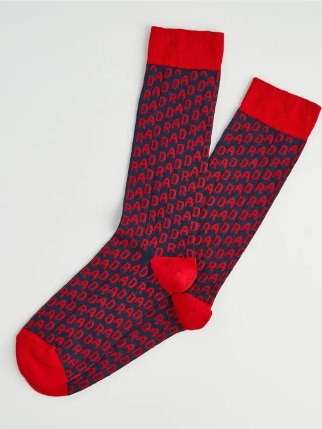 Navy Rad Dad socks with rad dad written in red 
