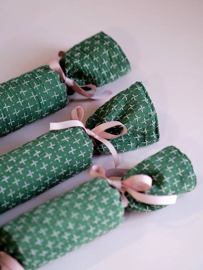 Self fill, reusable embroidered linen christmas cracker