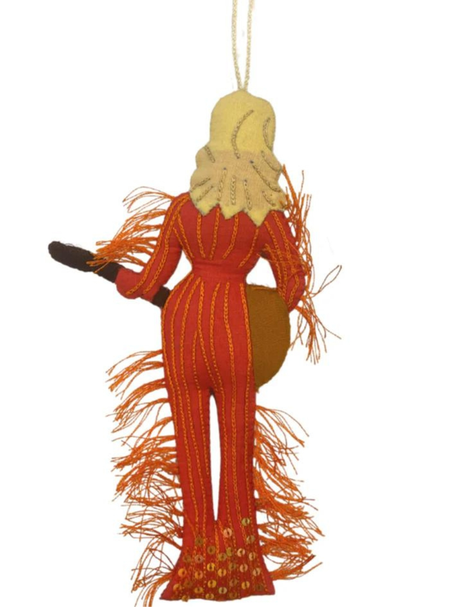 hand stitched Dolly Parton in red outfit with guitar hanging decoration back