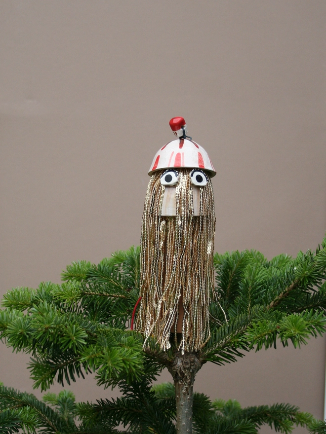 ceramic handmade Christmas tree topper decoration. gold sequin fringing tassels and bobble hat. Disco Thing