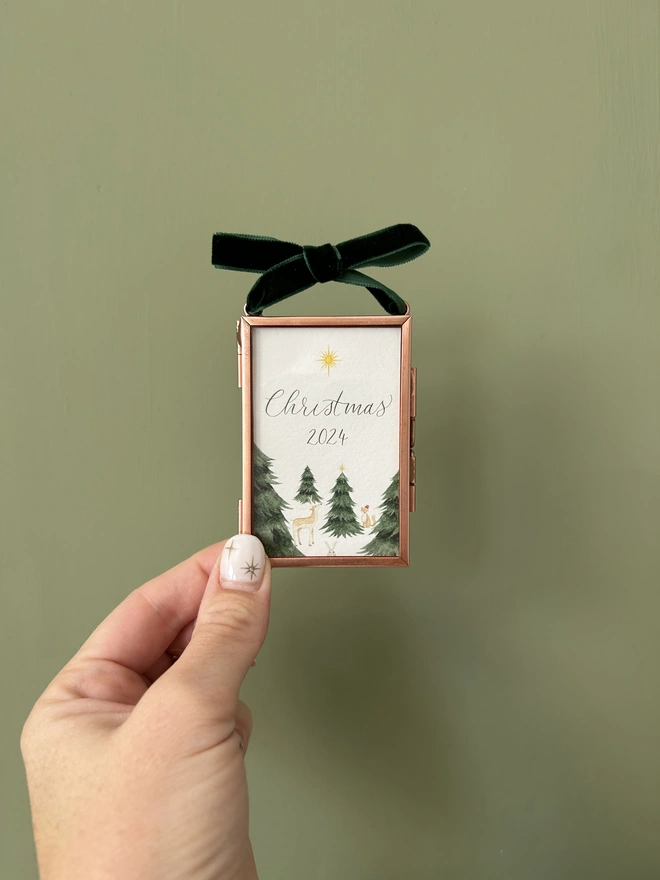 Children's Christmas 2024 Tree Decoration with Animal and Tree Illustration in Mini Frame