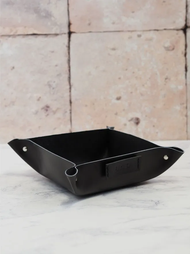 square personalised black leather valet tray