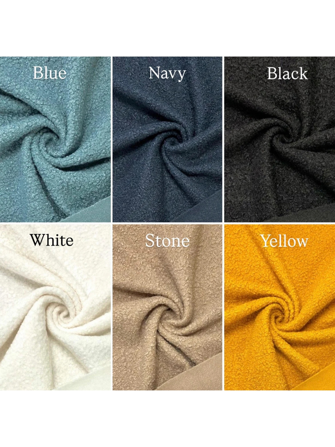 boucle moon star and cloud trio. a selection of six colour examples for fabric.