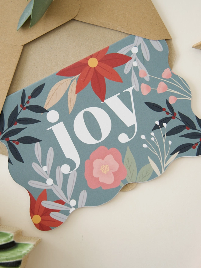 Joy botanical floral Christmas card green and pink