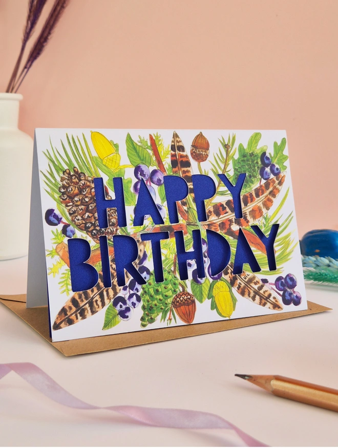 feather pinecone birthday card