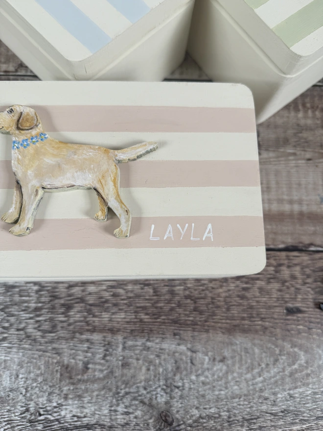 Pink and White Striped dog keepsake Box with a hand-painted pale yellow labrador with a blue and yellow forget me not flower collar