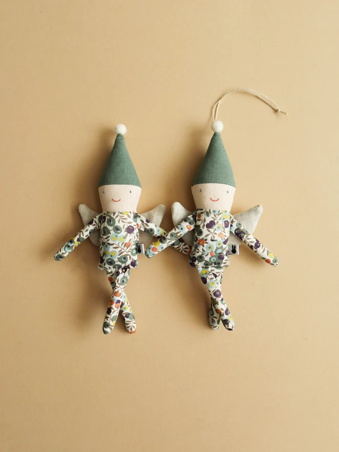 Handmade fariy christmas tree ornament with green or red linen hat, Liberty print outfit and linen wings.