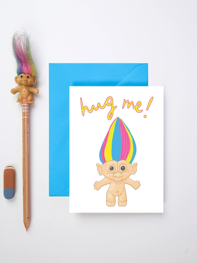 Quirky birthday card featuring a rainbow haired troll