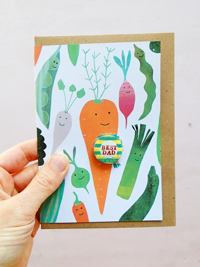 Carrot best dad greeting card with rosette pin badge