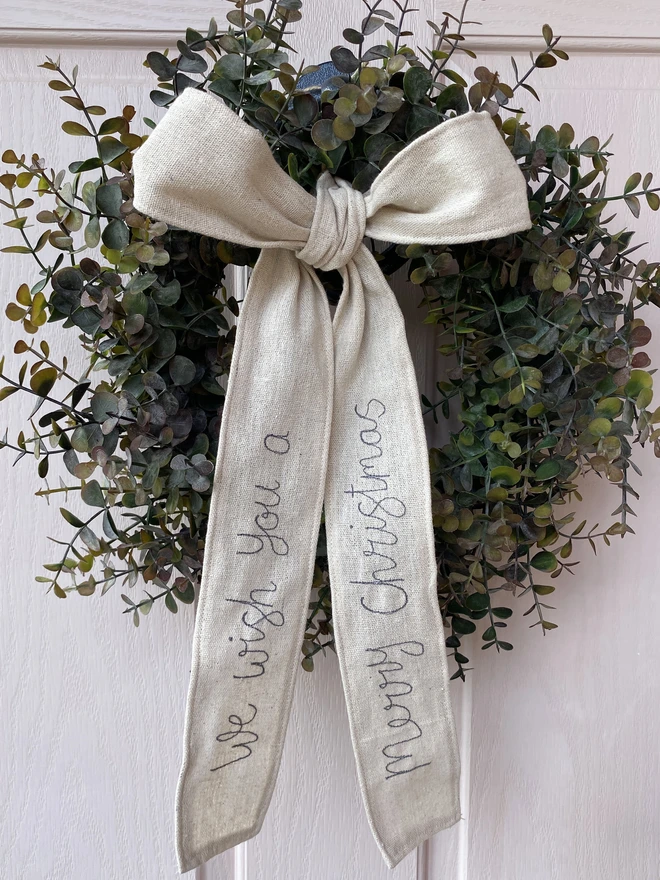 Christmas Embroidered Personalised Wired Linen Ribbon