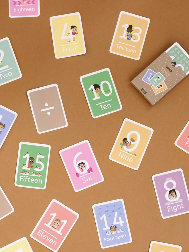 Numbers flashcards with colourful illustrations.
