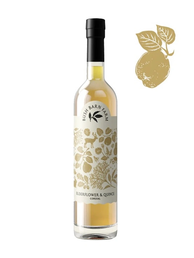 Elderflower & Quince Cordial (Set Of 1, 2, 3 Or 4), the bottle of cordial sitting on a white surface. 