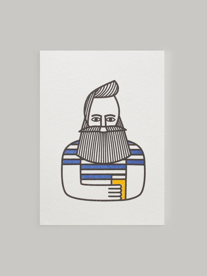 A stylish male character is beautifully risograph printed onto this mini greeting card. With an enviable beard and stripy t-shirt this card is perfect for any male friend or relative who can often be heard asking fancy a pint?