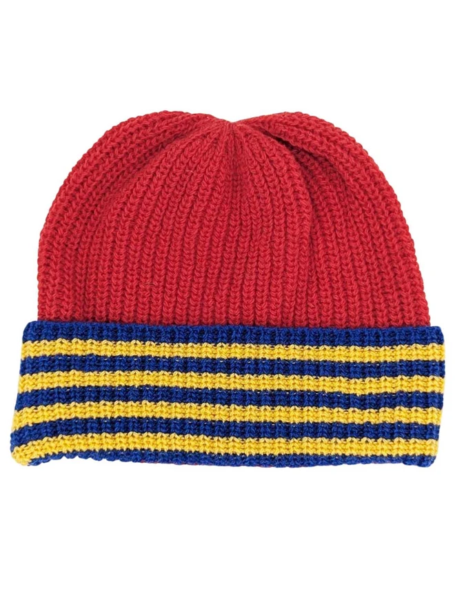 Red Ribbed Hat With Navy Blue And Yellow Trim