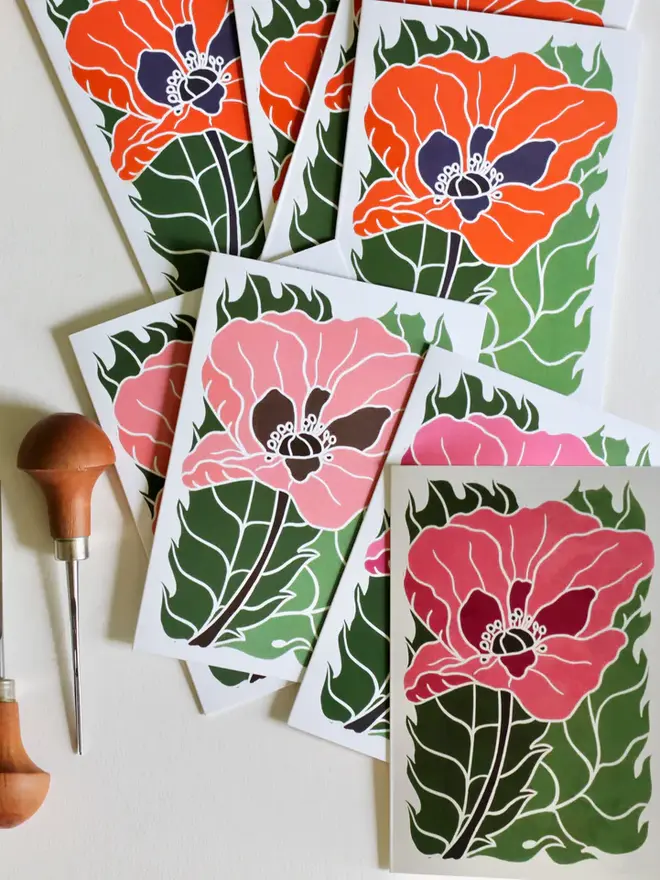 pink wild poppy notecard set