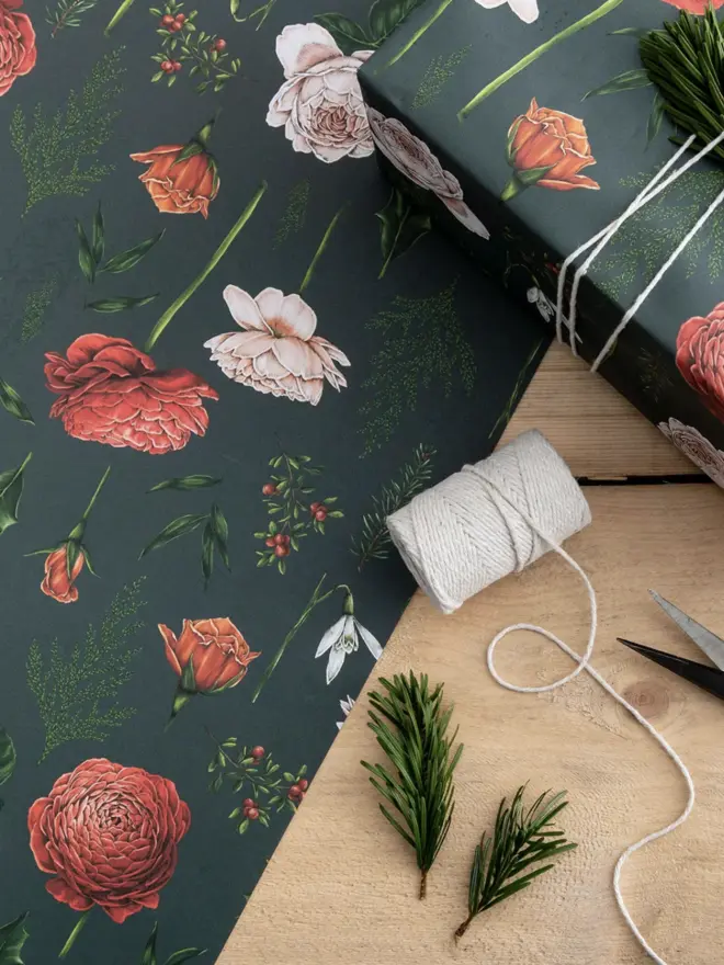 navy base christmas wrap with red and pink roses