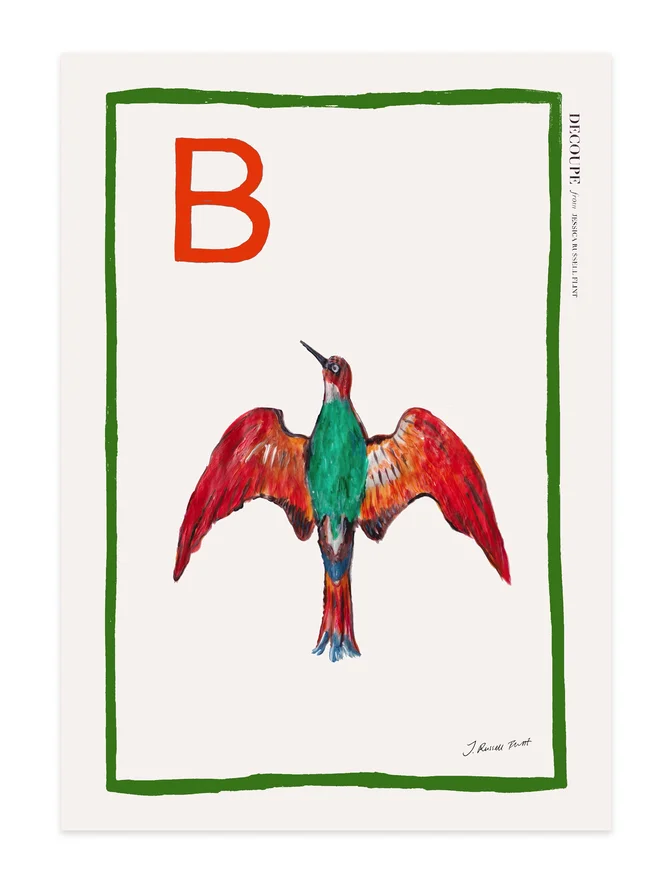signed a-z alphabet prints. bird print with the letter 'b' in the corner.