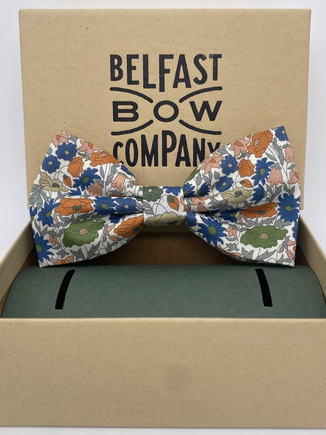 Orange & Green Meadow Floral Bow Tie handmade by the Belfast Bow Company