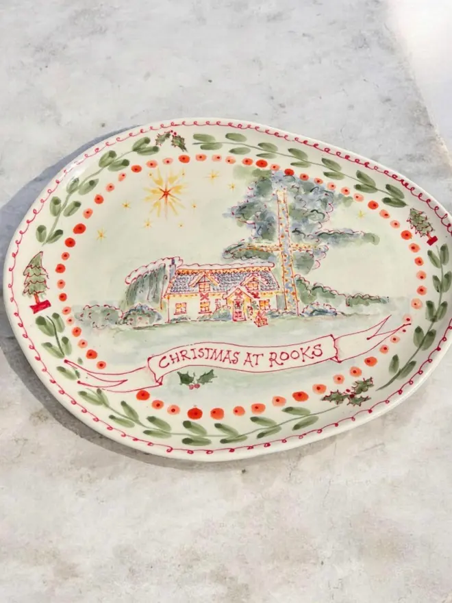 Personalised Ceramic Christmas House Portrait Plate with colours red, yellows, greens 