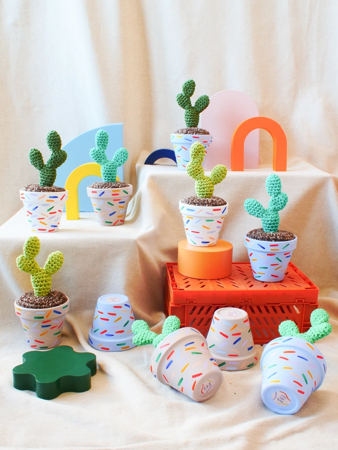 crochet cactus in hand painted pot