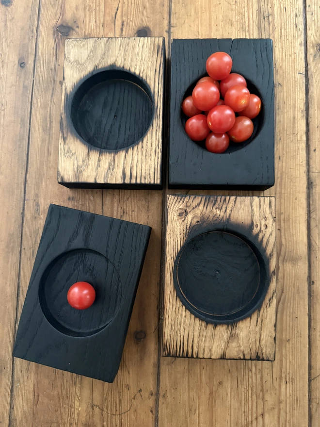 A mix of charred in centre and fully charred Yakisugi with tomatoes 