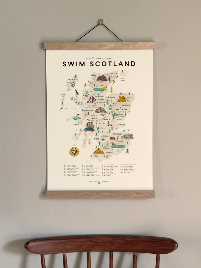 Swim Scotland Map Checklist framed hung up on a wall