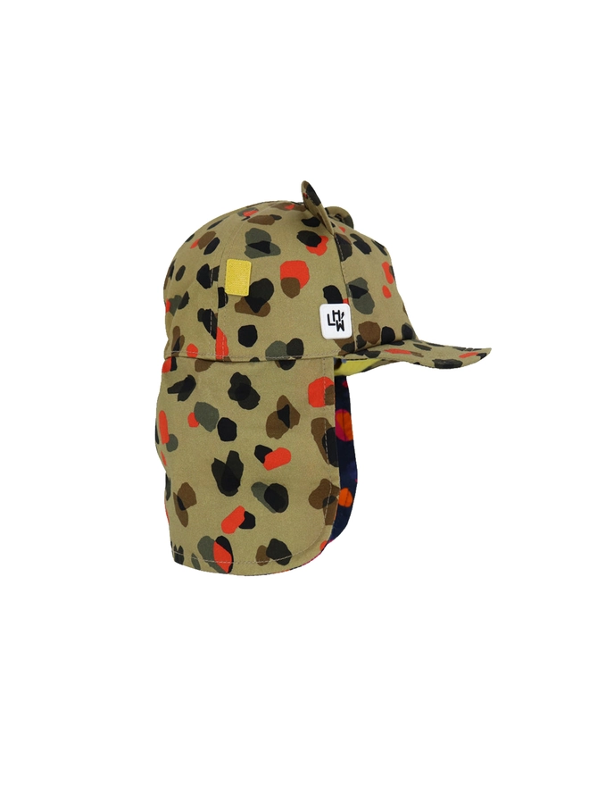 Kids sun baseball hat in leopard neutral print side flap down
