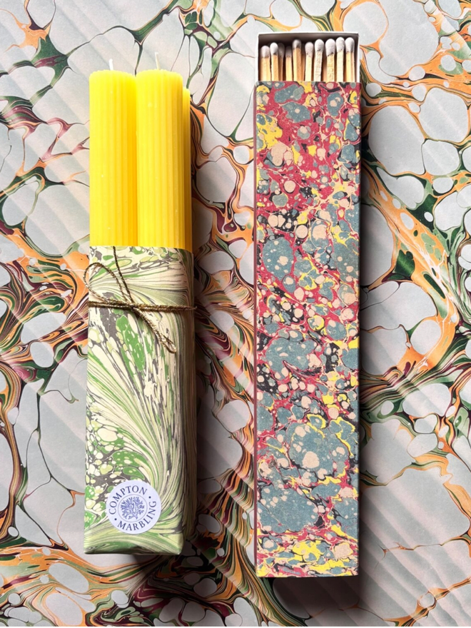 Scalloped Candles & Long Matchbox. Candles in lemon.