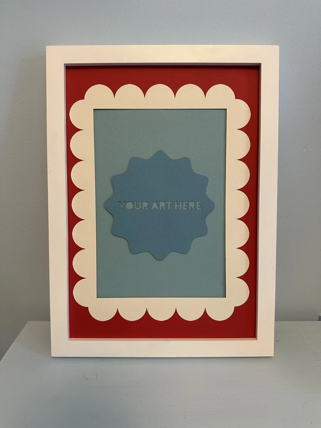 A5 to A4 Scallop Edge Picture Mount, Red and Ivory in White Frame