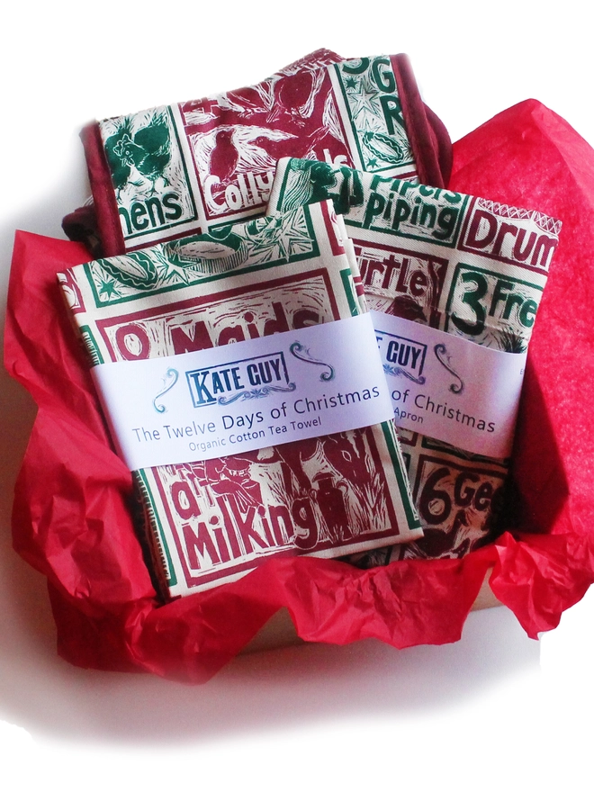 Christmas gift set The Twelve Days of Christmas' linocut design by Kate Guy Tea towel, Apron and oven glove