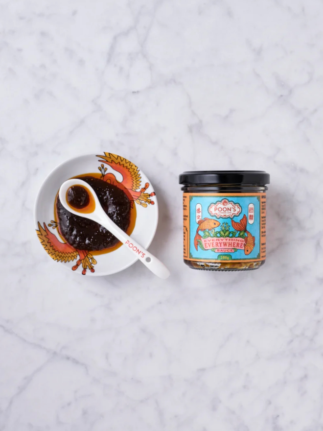 Everything Everywhere Sauce. A jar of sauce with a sample in a dish.