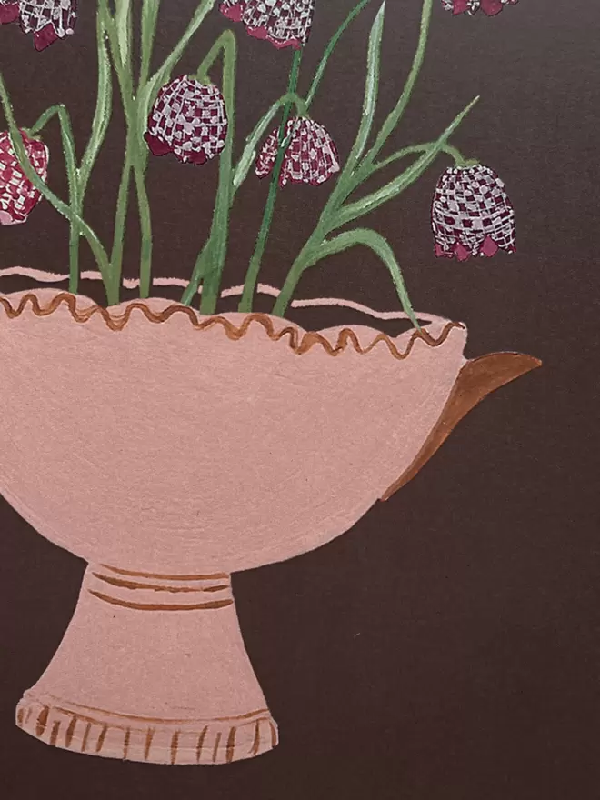 print with fritillaria also known as snakes head flowers in a pink vase.